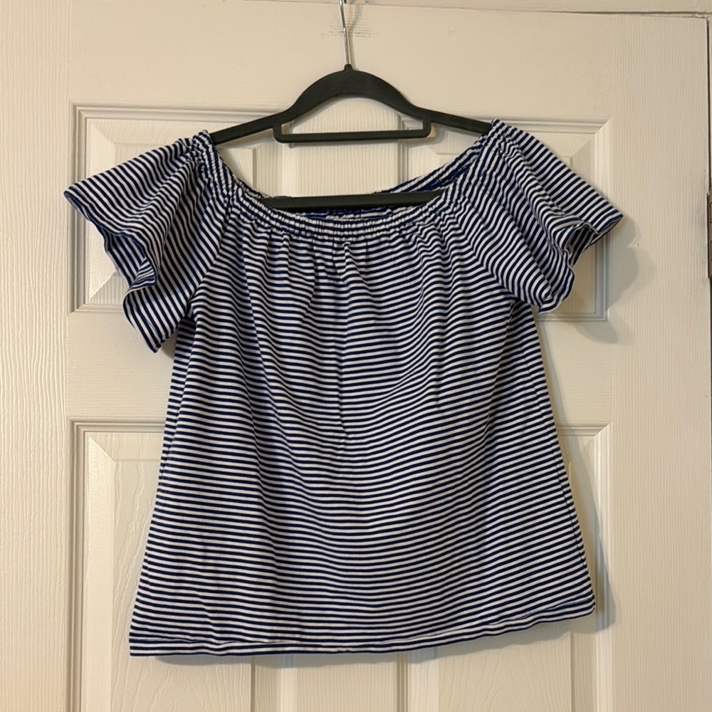 Vineyard Vines Blue and White Striped Cotton Off-Shoulder Top